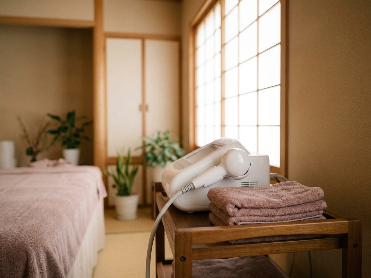 ベッドの横にタオルを置いた施術室のイメージ（仮の写真）